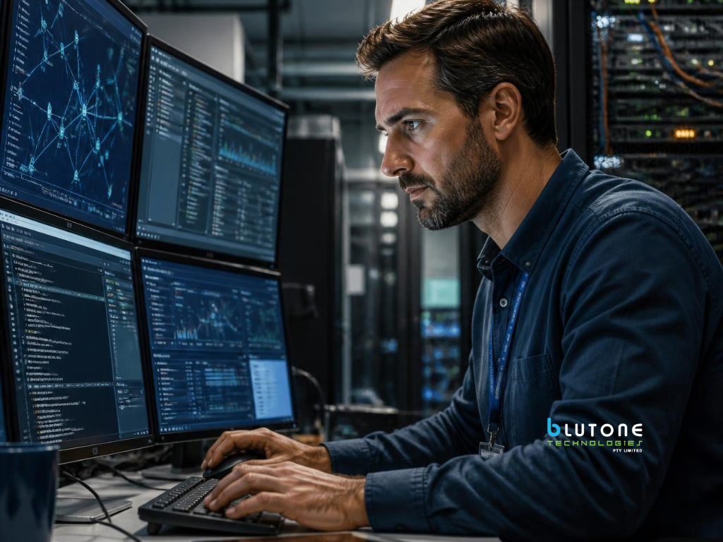 IT professional reviewing server performance and business network information on a computer. Cloud Services Sydney
Cloud Services Australia, Azure Cloud Services, Cloud Backup, Disaster Recovery, Microsoft 365 Support Australia, Intune Device Management, IT Infrastructure Management.