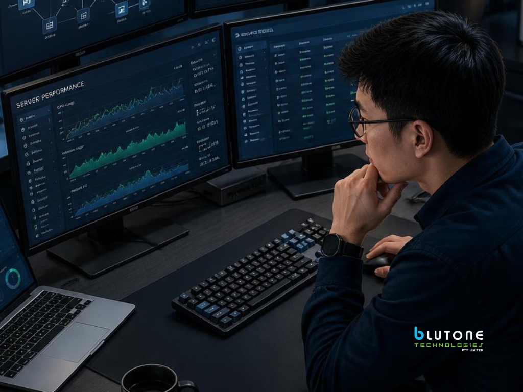 IT administrator reviewing cloud backup status and data recovery information on a computer screen